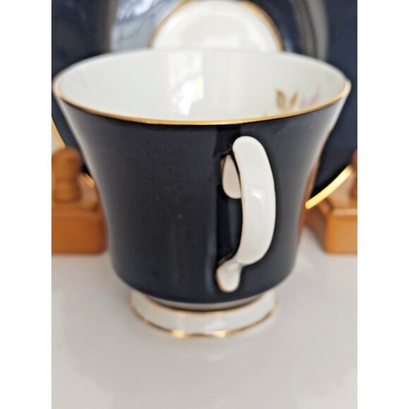 Vintage Aynsley Black Cup Set with Red Rose Flower Cup #2964 Gold Trim - Picture 4 of 11